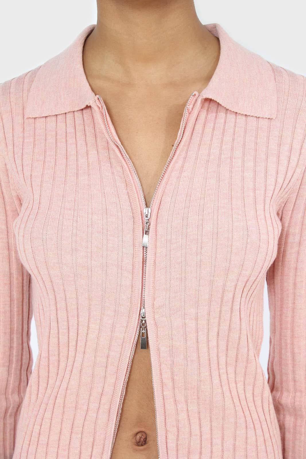 Pink zip up fitted knit top