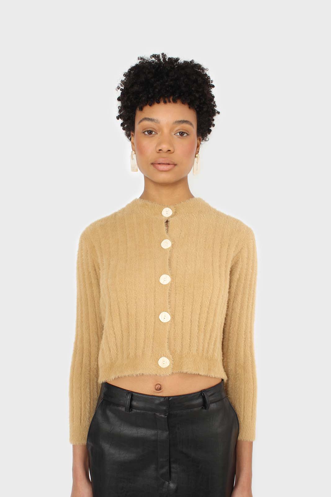 Dark beige fuzzy cropped cardigan