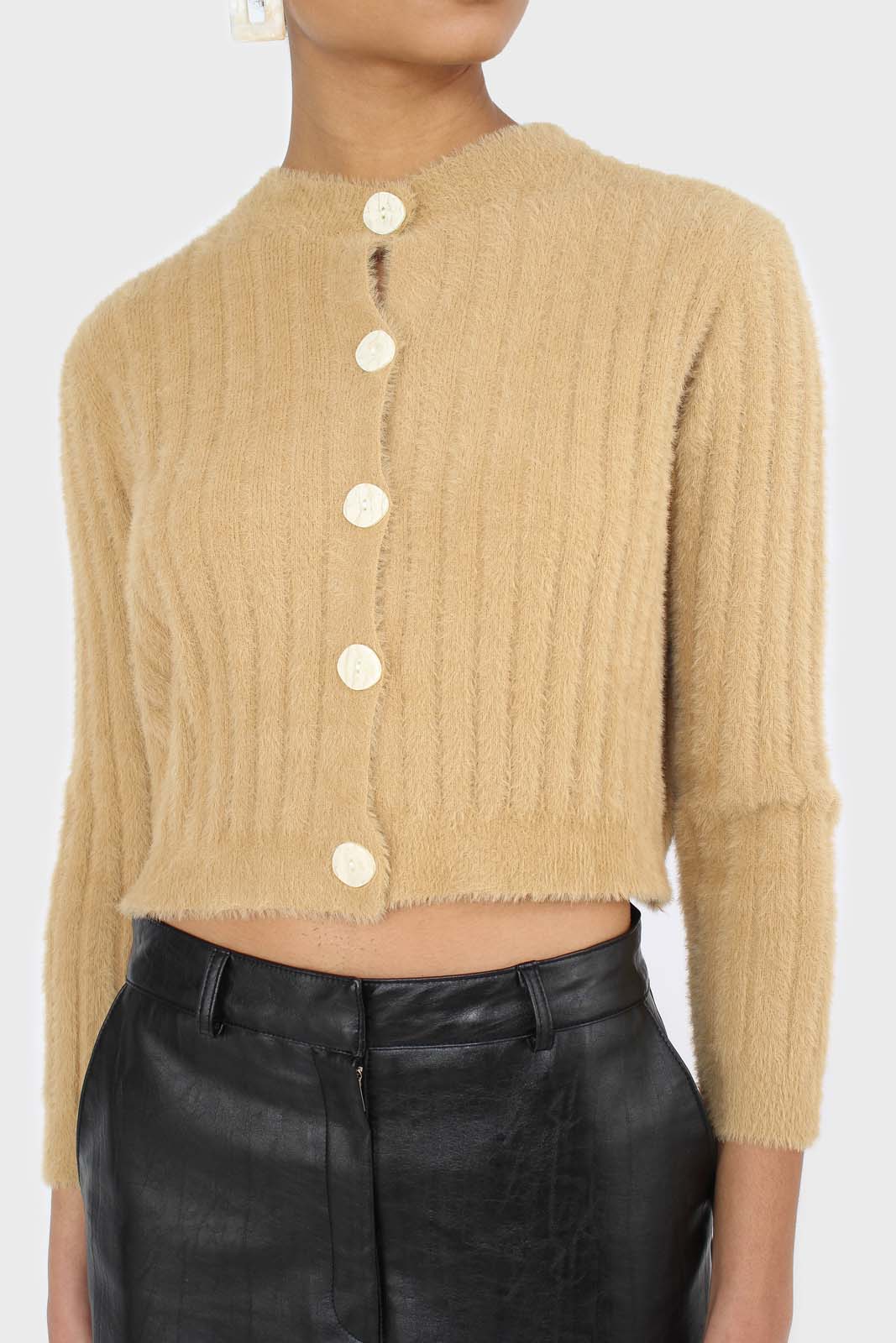 Dark beige fuzzy cropped cardigan