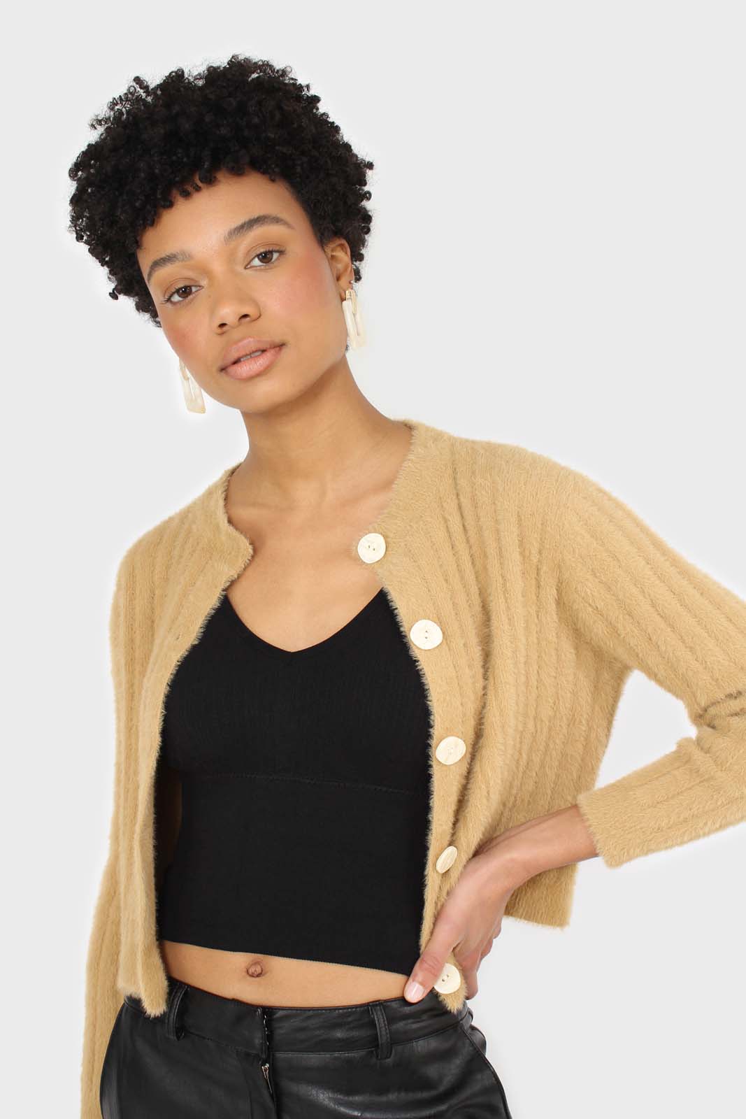 Dark beige fuzzy cropped cardigan