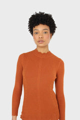 Burnt orange scalloped mock neck knit top