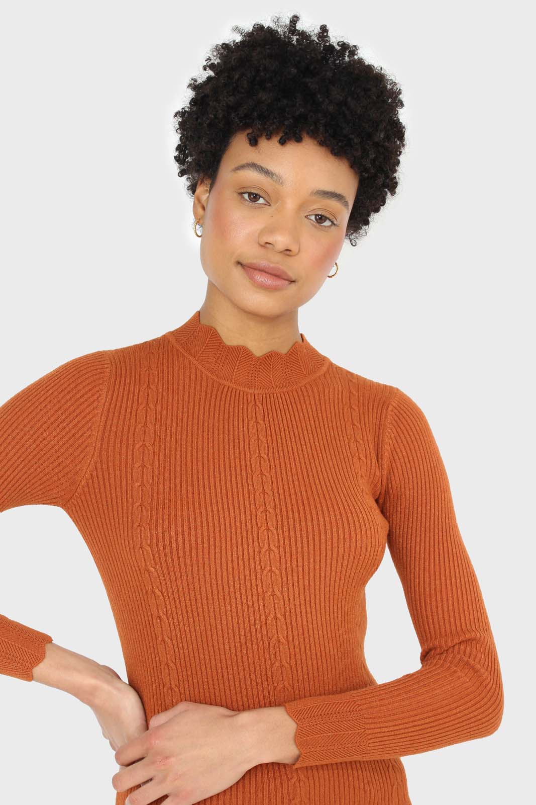 Burnt orange scalloped mock neck knit top
