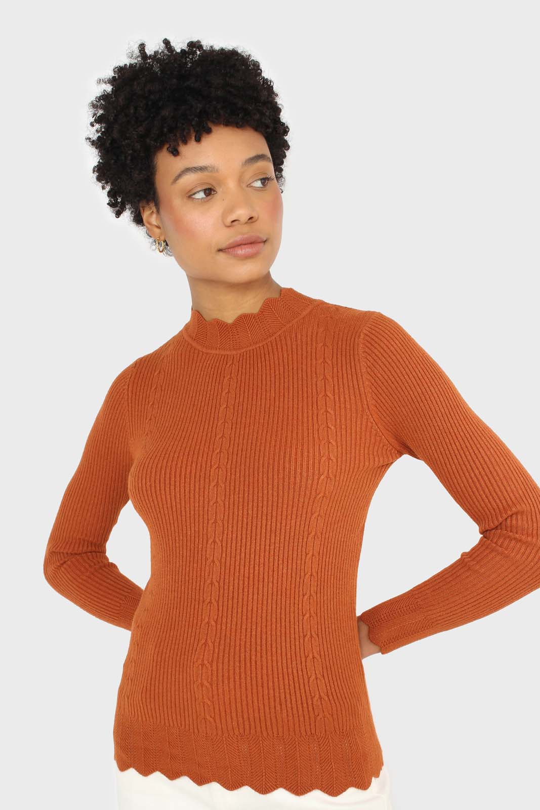 Burnt orange scalloped mock neck knit top