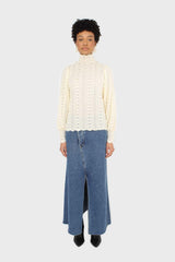 Beige fuzzy lace puff sleeve mock neck blouse