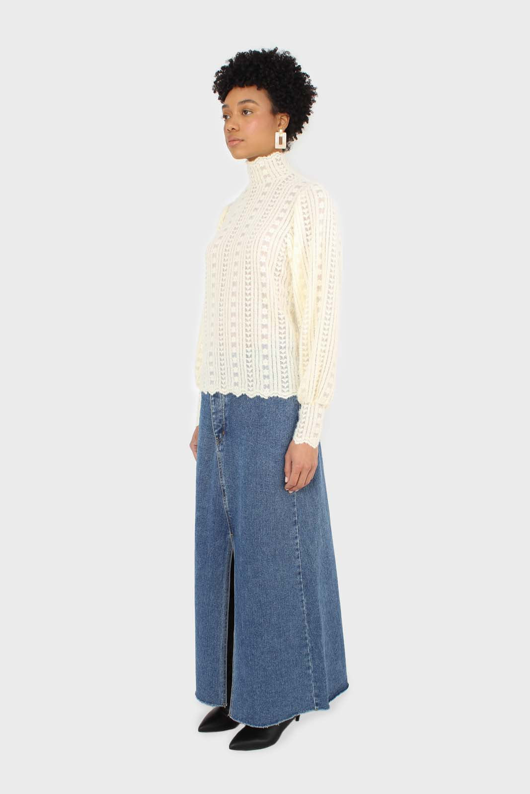 Beige fuzzy lace puff sleeve mock neck blouse