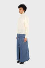 Beige fuzzy lace puff sleeve mock neck blouse