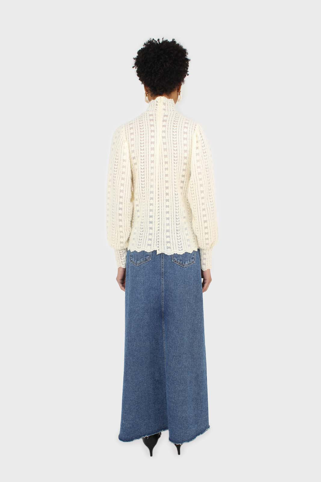 Beige fuzzy lace puff sleeve mock neck blouse