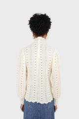 Beige fuzzy lace puff sleeve mock neck blouse