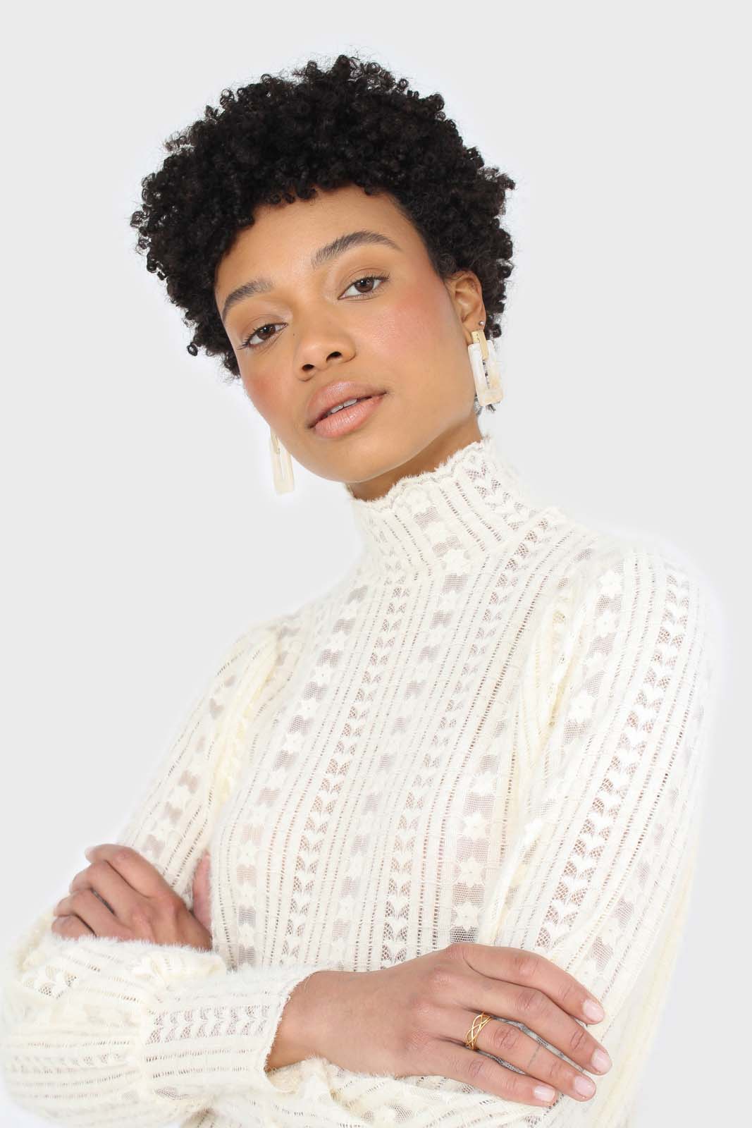 Beige fuzzy lace puff sleeve mock neck blouse