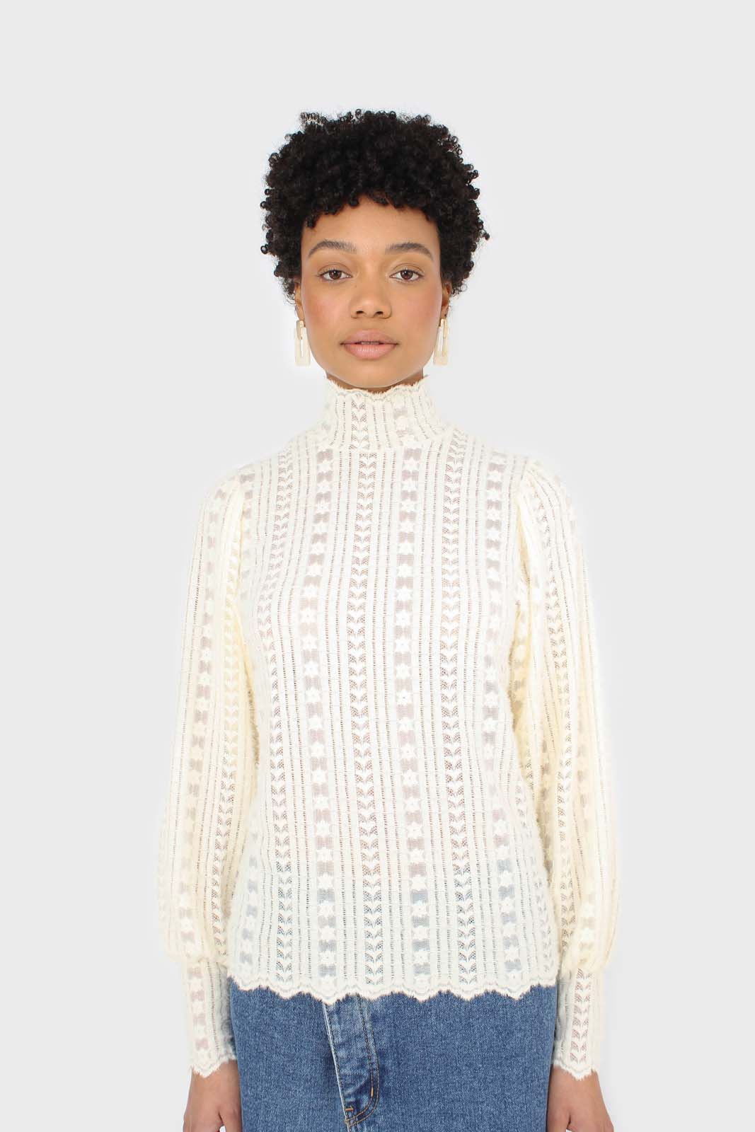 Beige fuzzy lace puff sleeve mock neck blouse