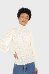 Beige fuzzy lace puff sleeve mock neck blouse