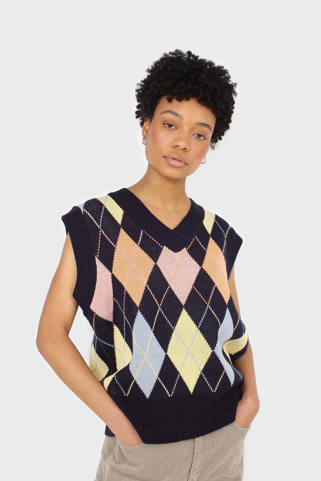Navy and pastel multicoloured argyle sweater vest