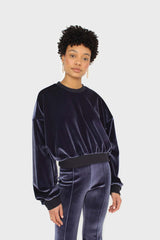 Navy smooth velvet balloon sleeve sweatshirt