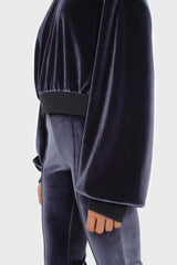 Navy smooth velvet balloon sleeve sweatshirt