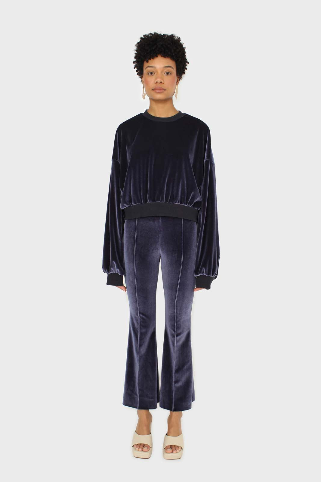 Navy smooth velvet pintuck bootcut trousers