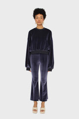 Navy smooth velvet pintuck bootcut trousers