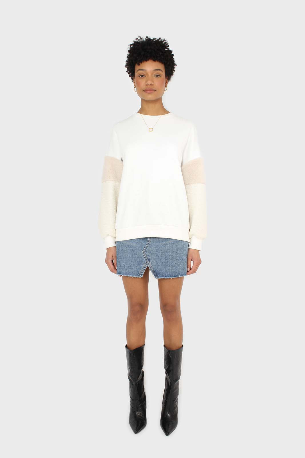 Ivory and beige faux fur sleeved sweatshirt
