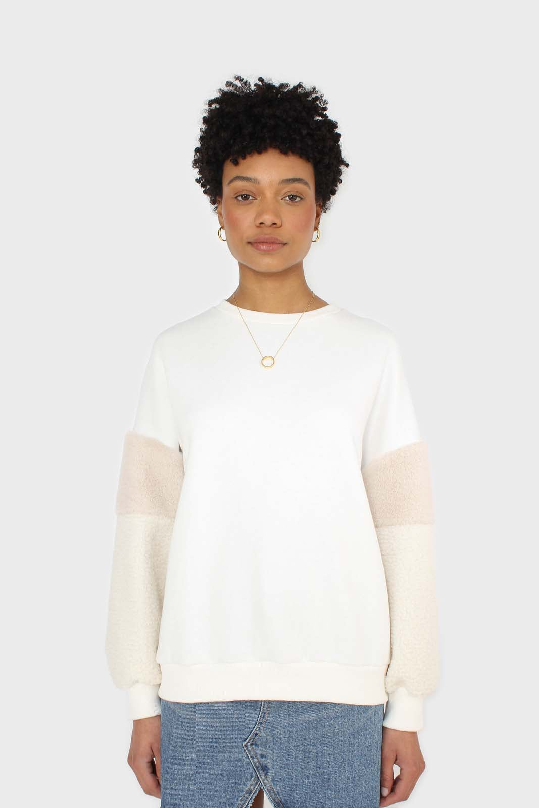 Ivory and beige faux fur sleeved sweatshirt