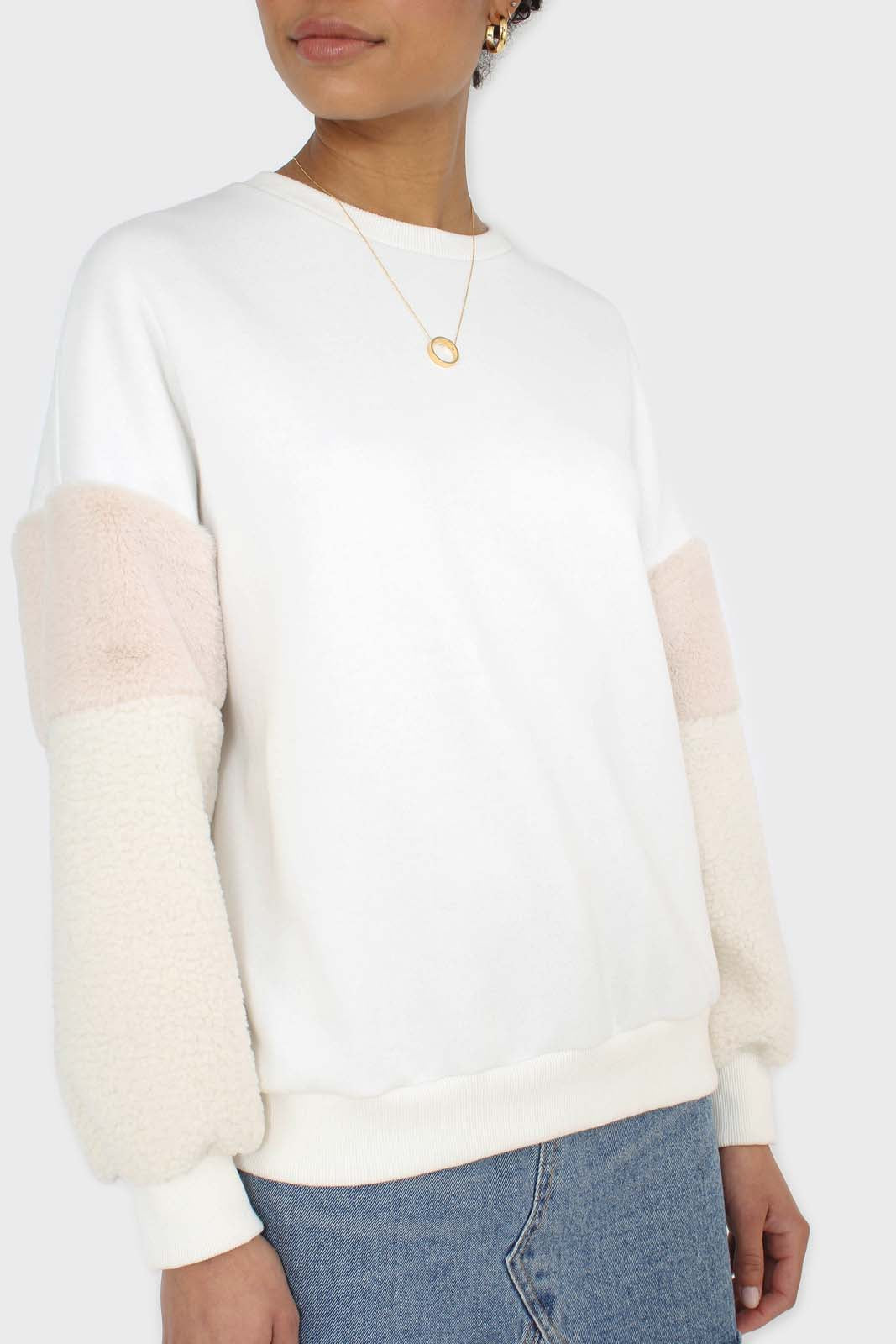 Ivory and beige faux fur sleeved sweatshirt