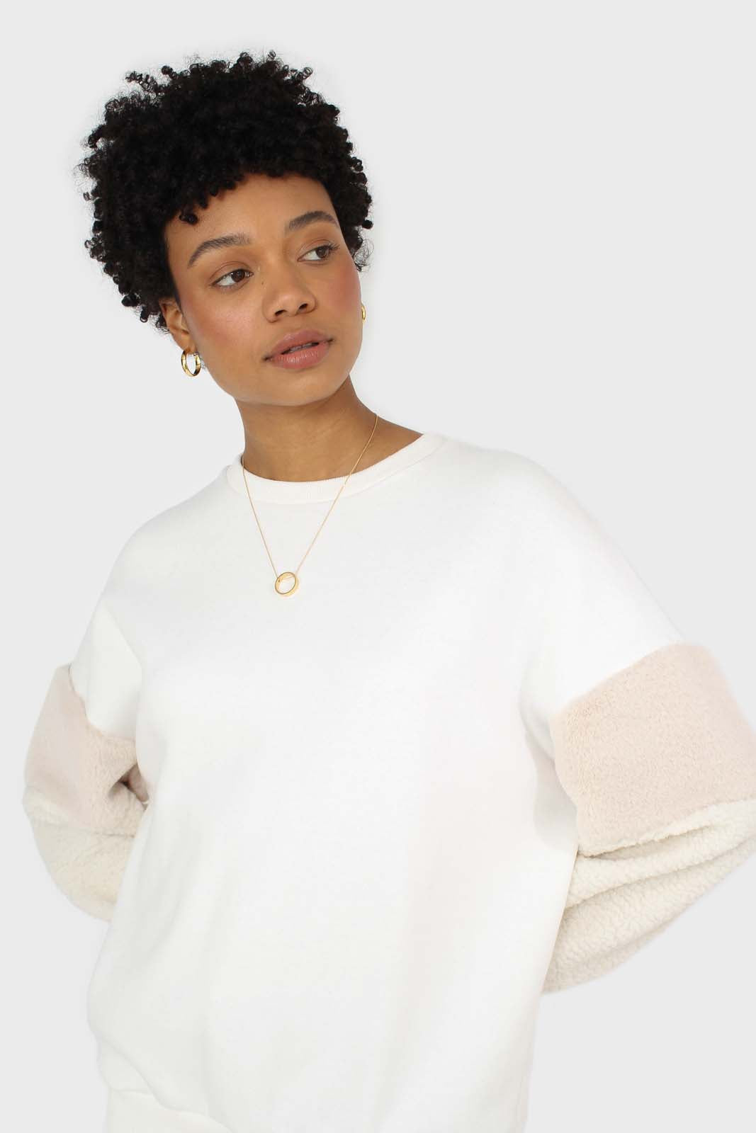 Ivory and beige faux fur sleeved sweatshirt