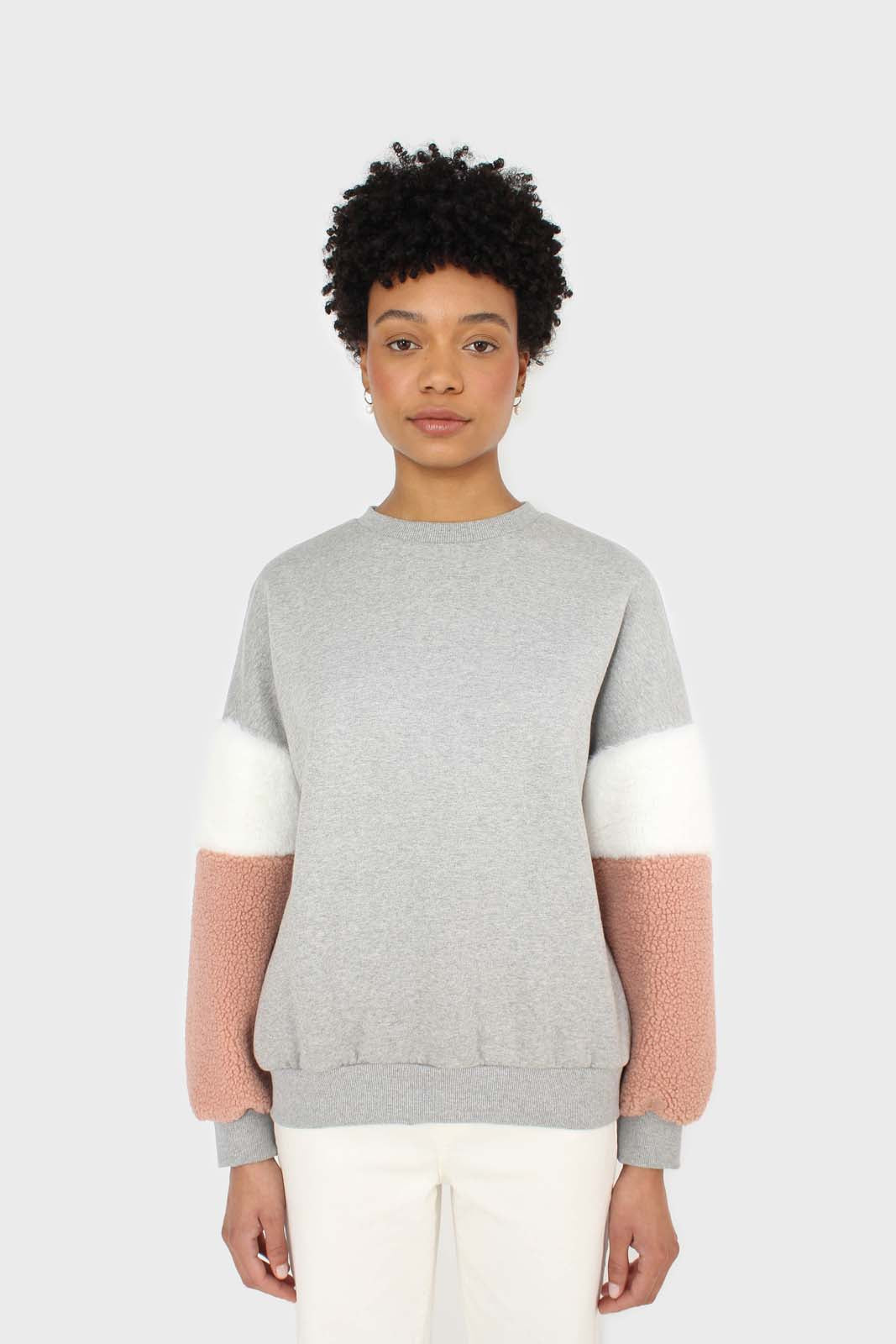 Grey and pink faux fur sleeved sweatshirt