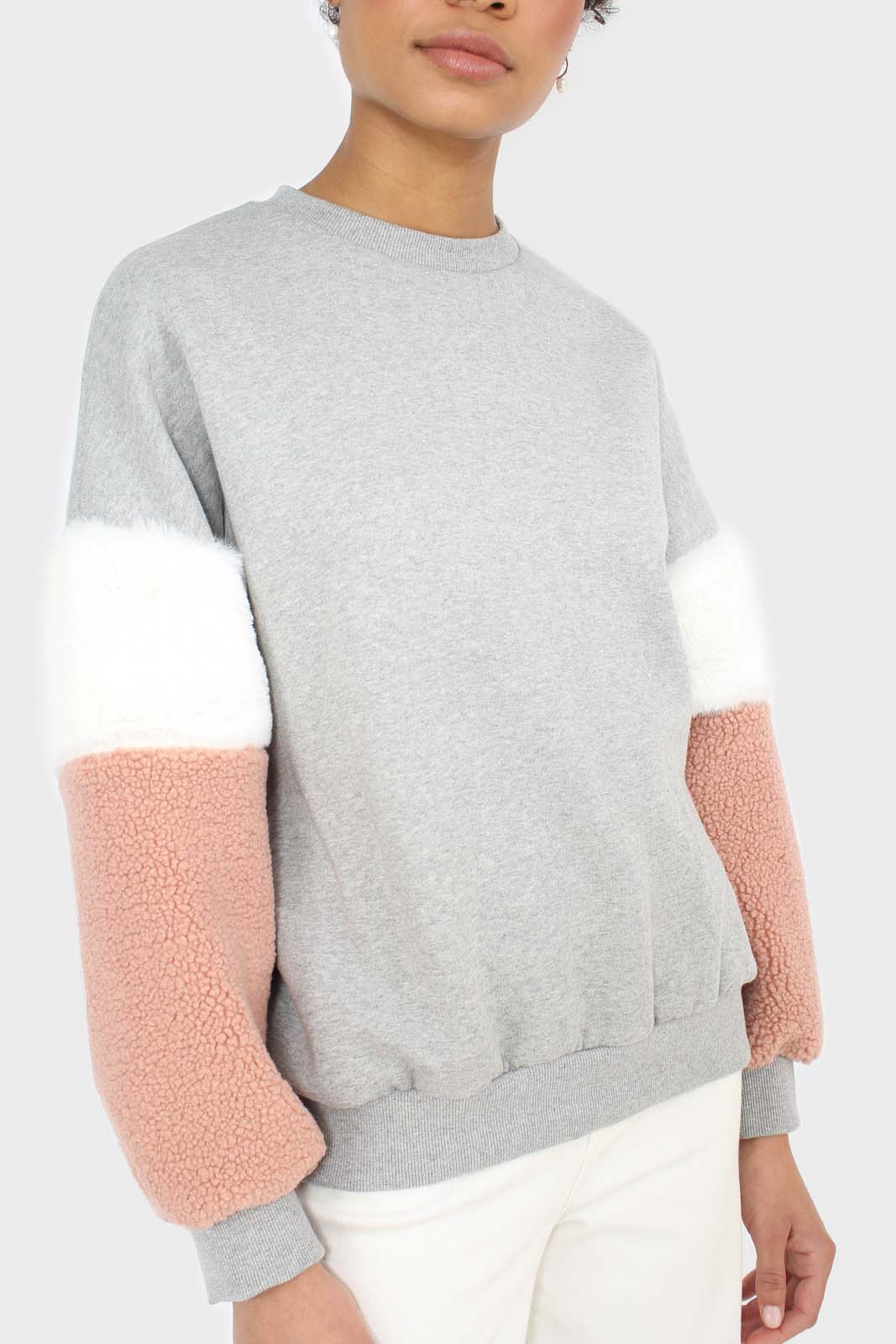 Grey and pink faux fur sleeved sweatshirt
