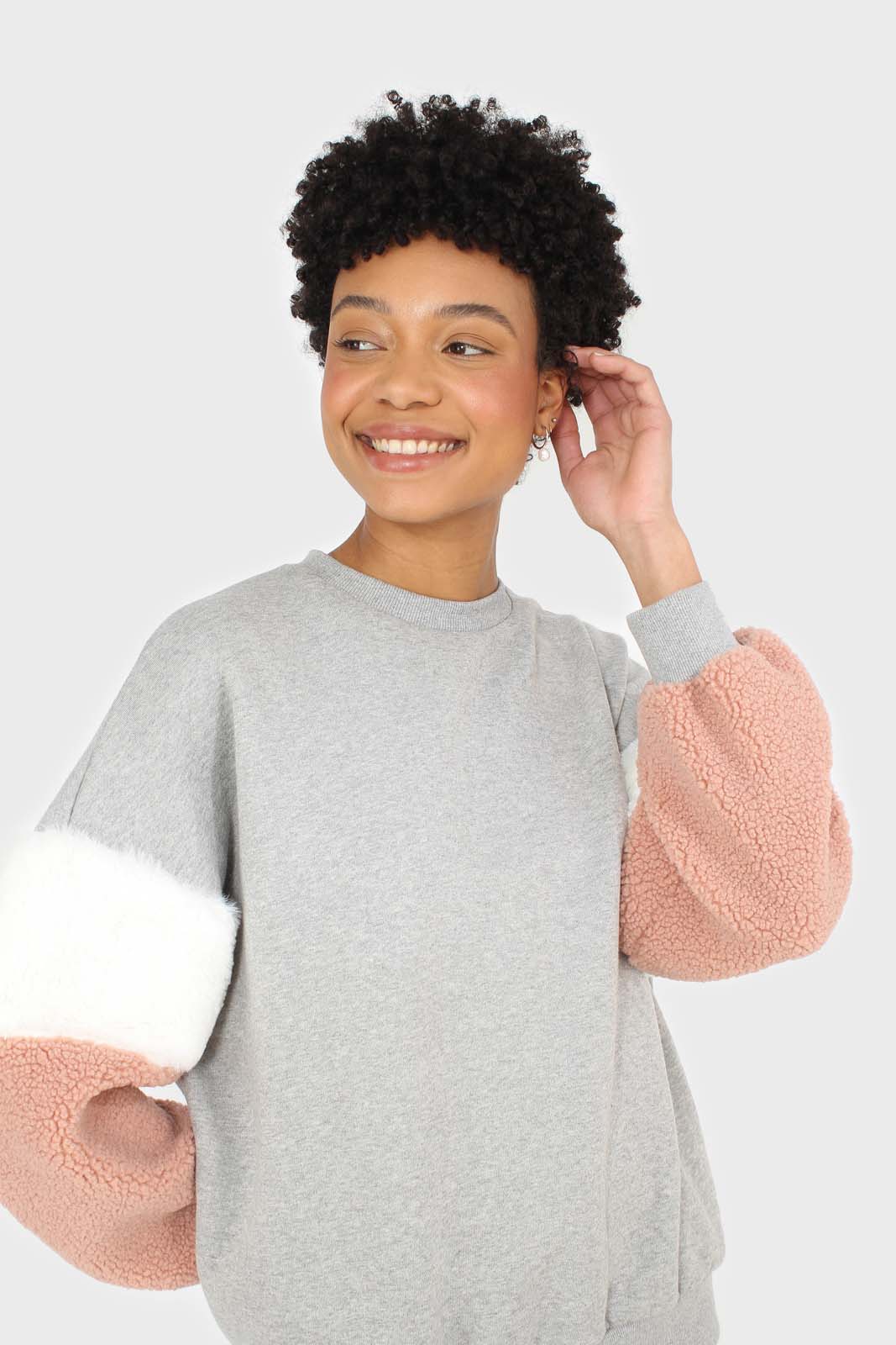 Grey and pink faux fur sleeved sweatshirt