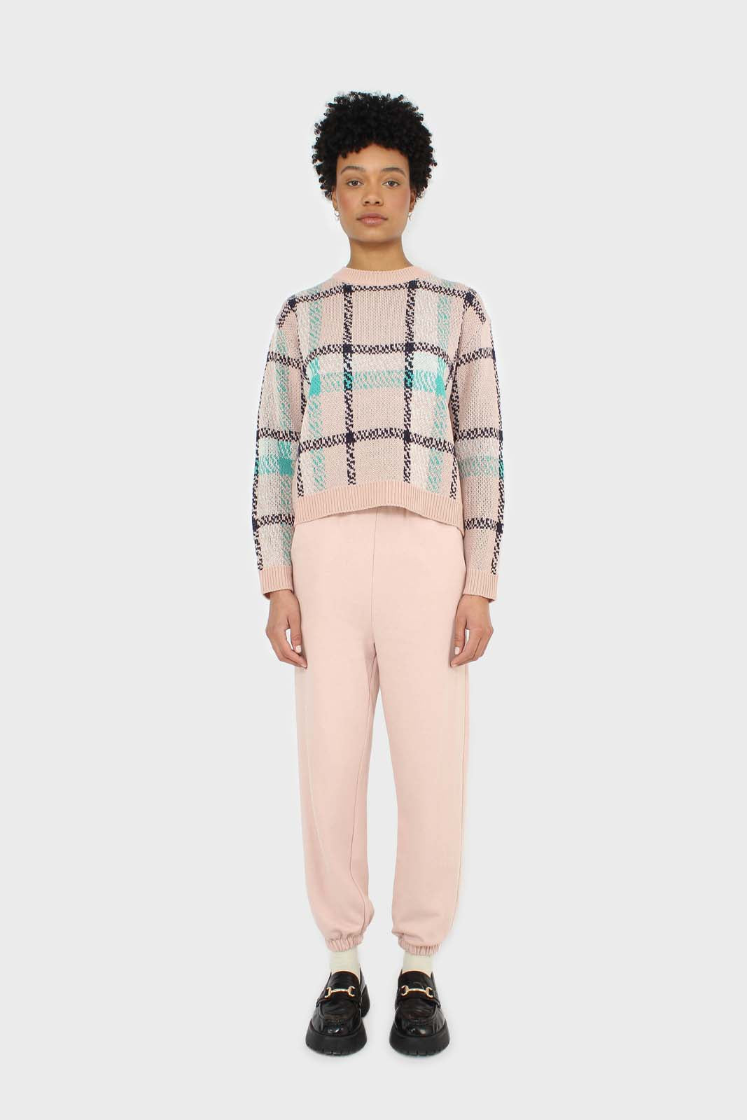 Baby pink and teal checked crew neck jumper