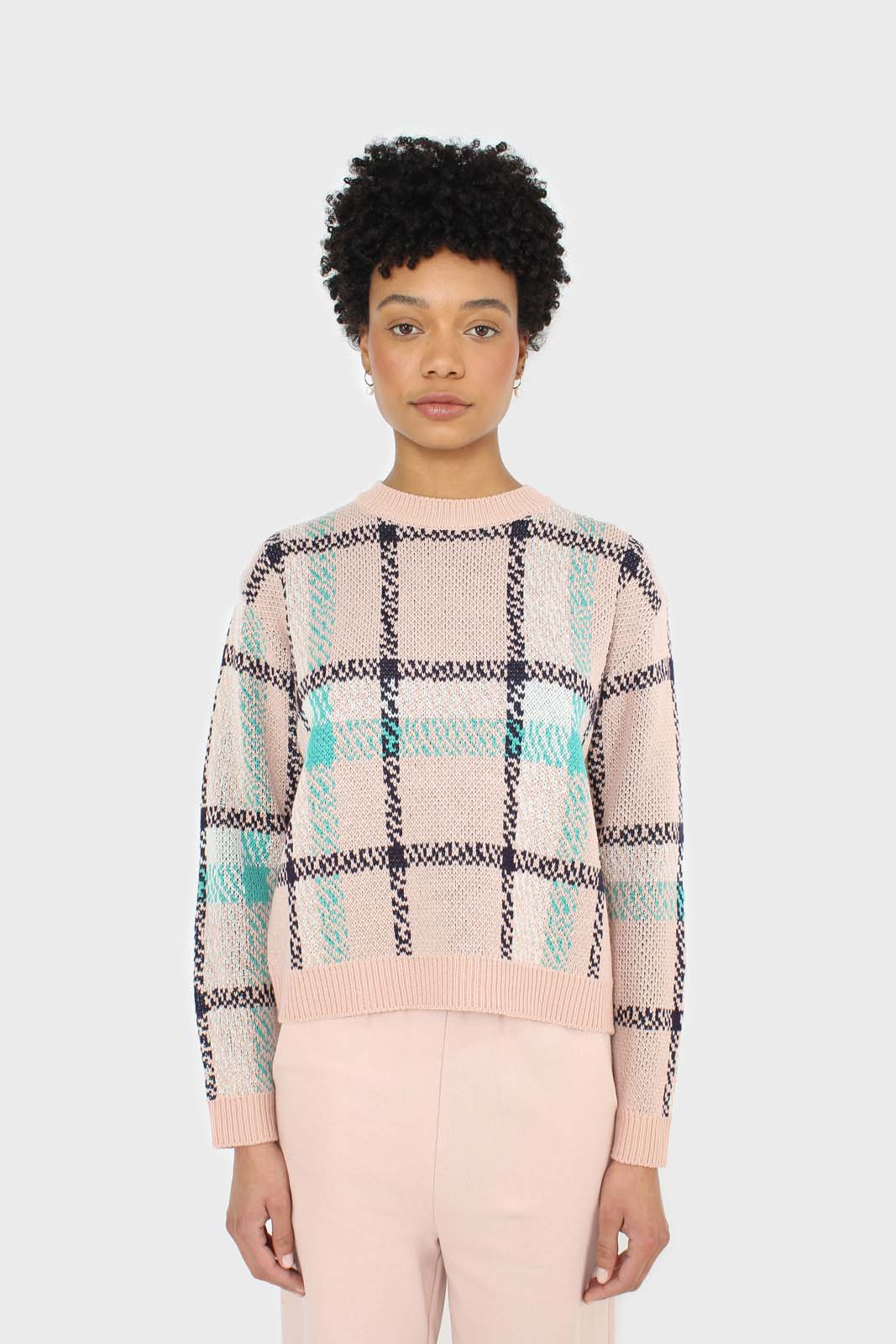 Baby pink and teal checked crew neck jumper
