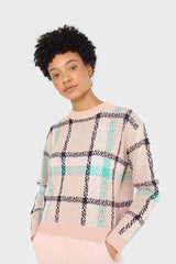 Baby pink and teal checked crew neck jumper