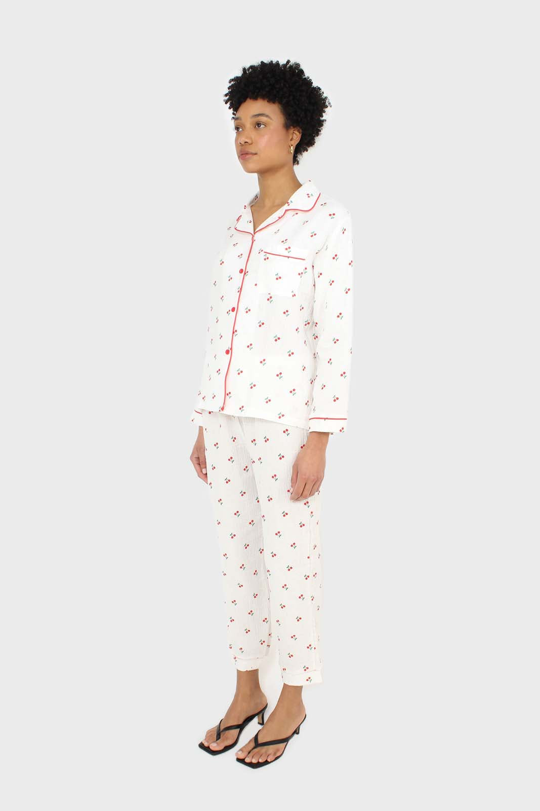 Ivory and red cherry pajama top and trousers set