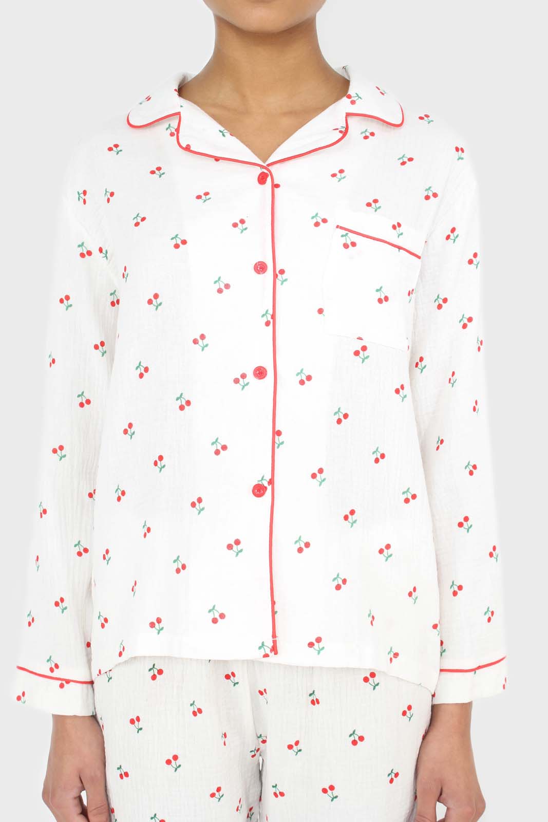 Ivory and red cherry pajama top and trousers set