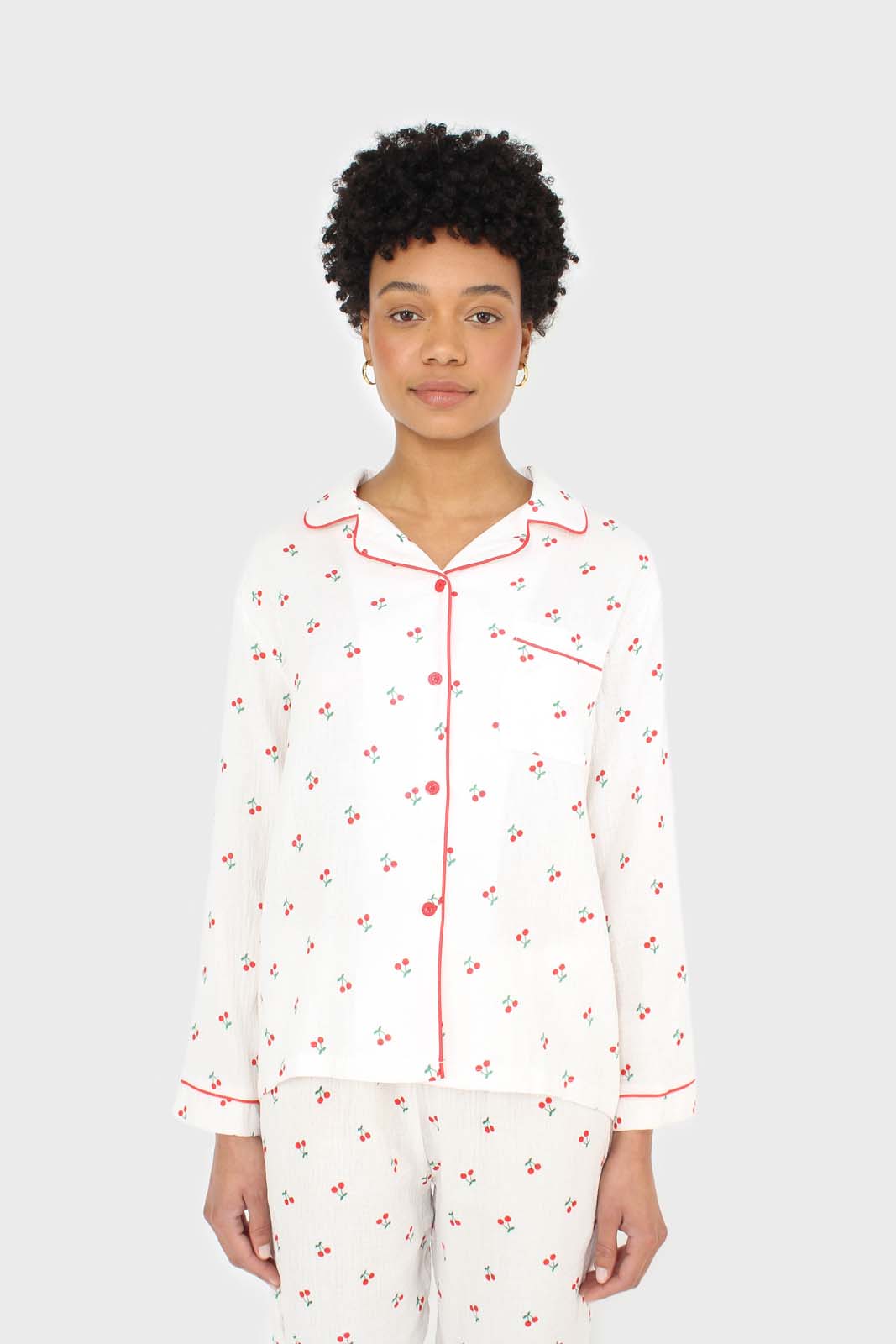 Ivory and red cherry pajama top and trousers set