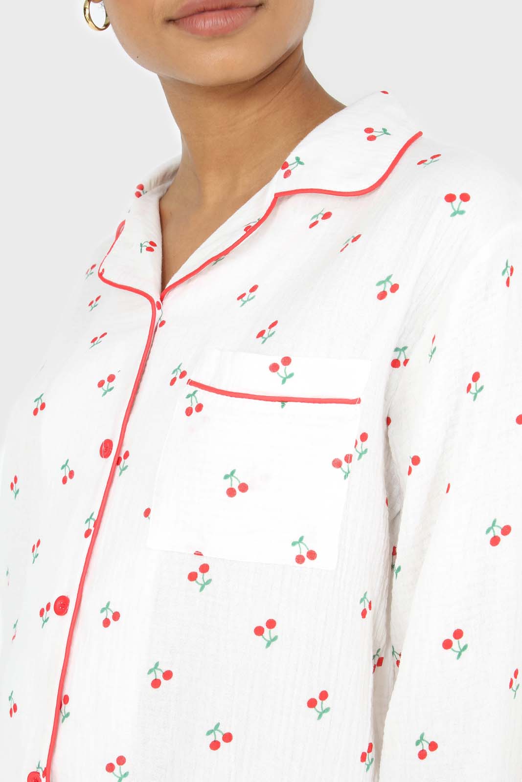 Ivory and red cherry pajama top and trousers set