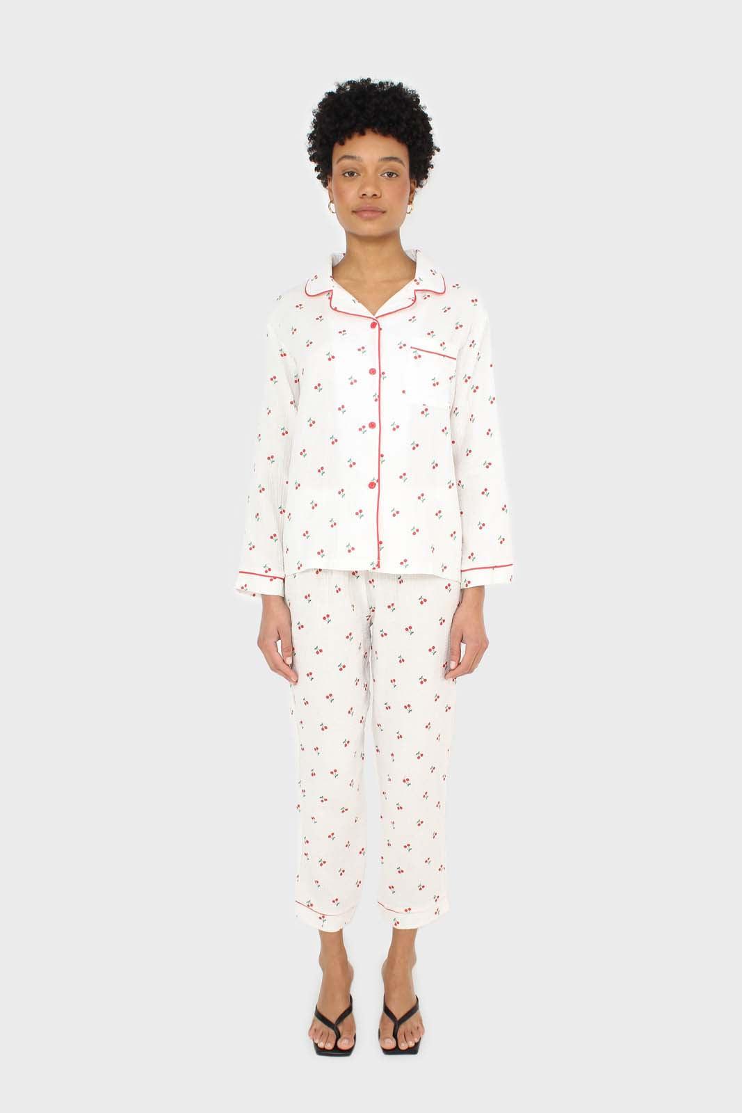 Ivory and red cherry pajama top and trousers set