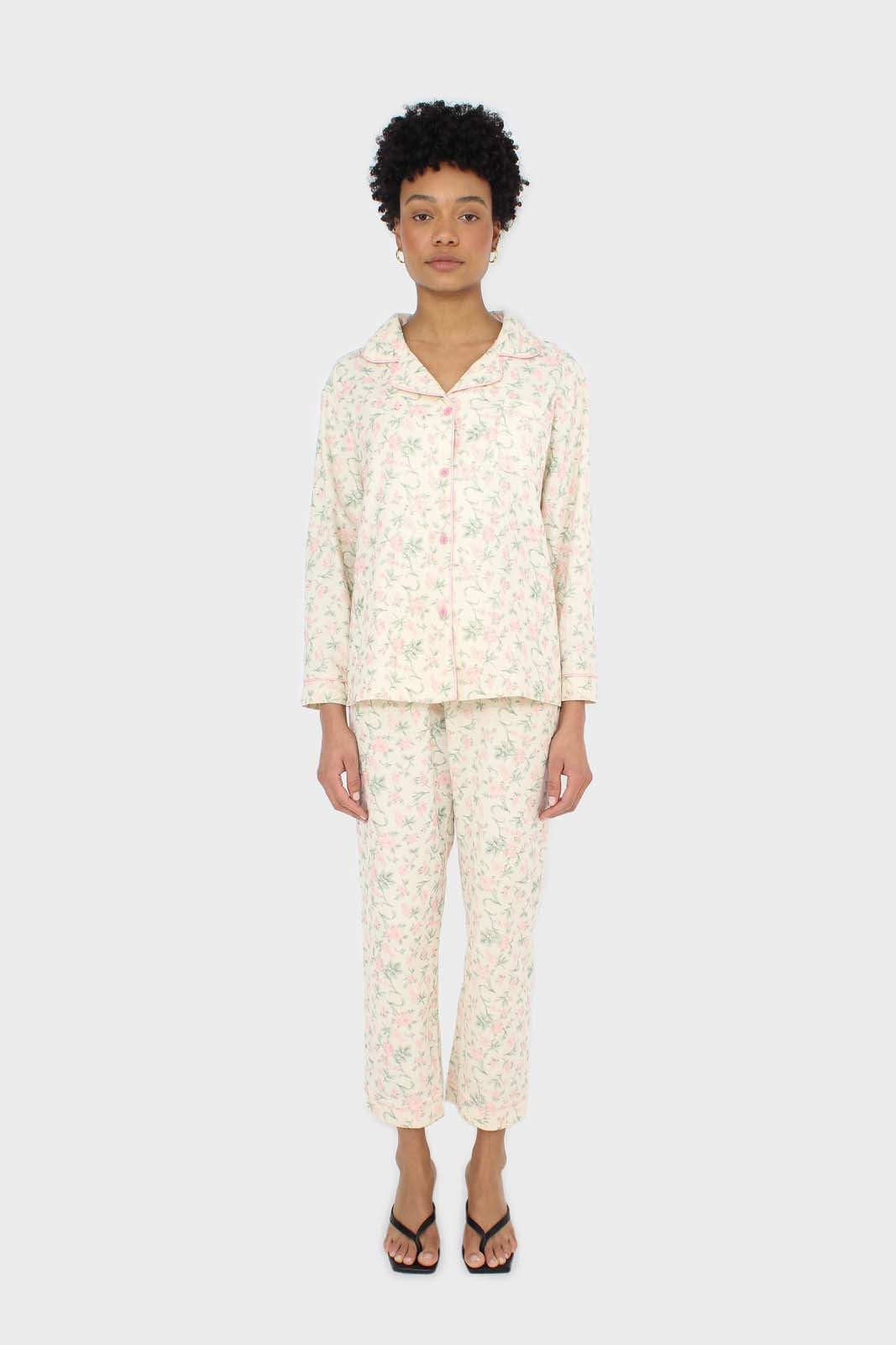 Ivory and pink floral pajama top and trousers set