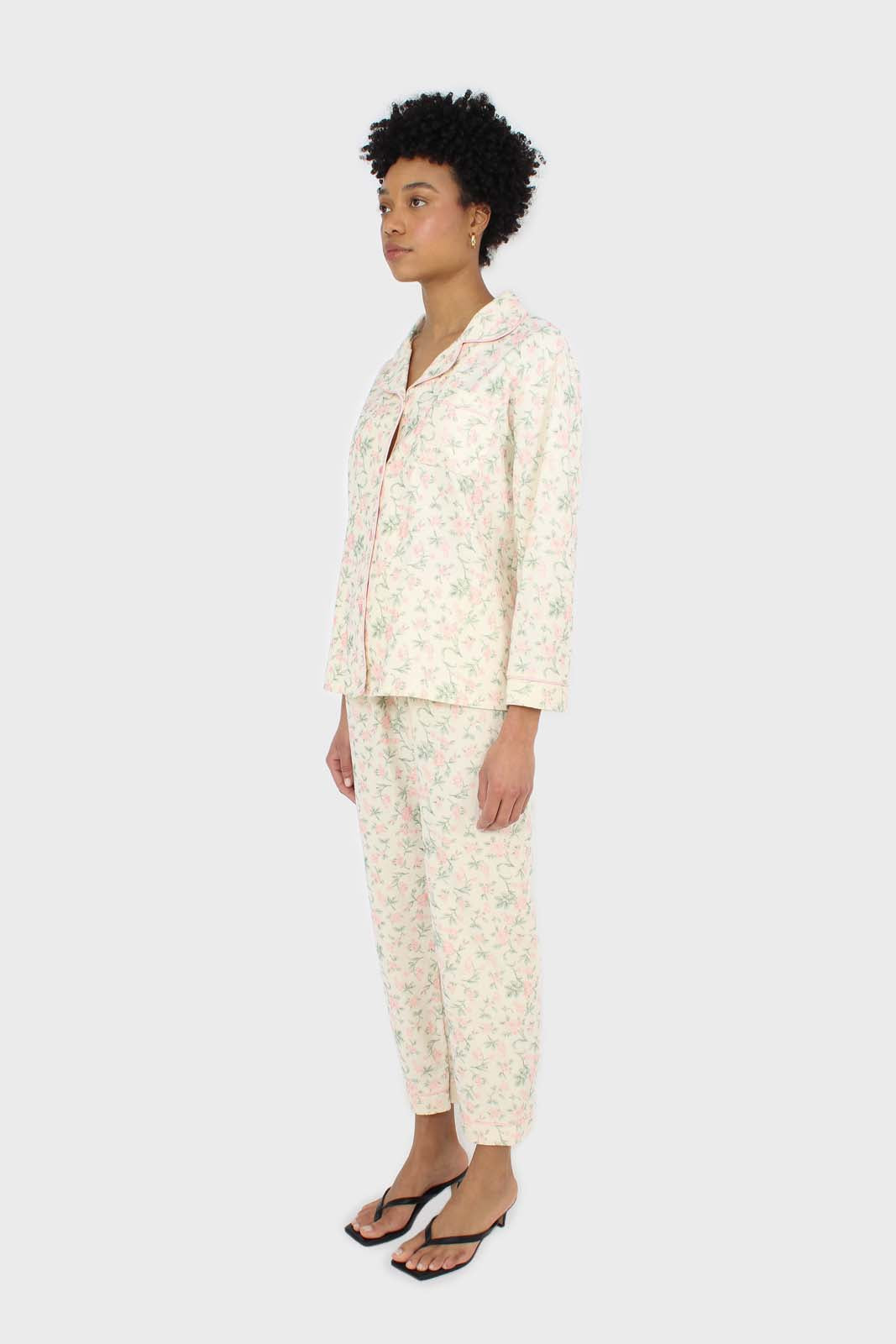 Ivory and pink floral pajama top and trousers set