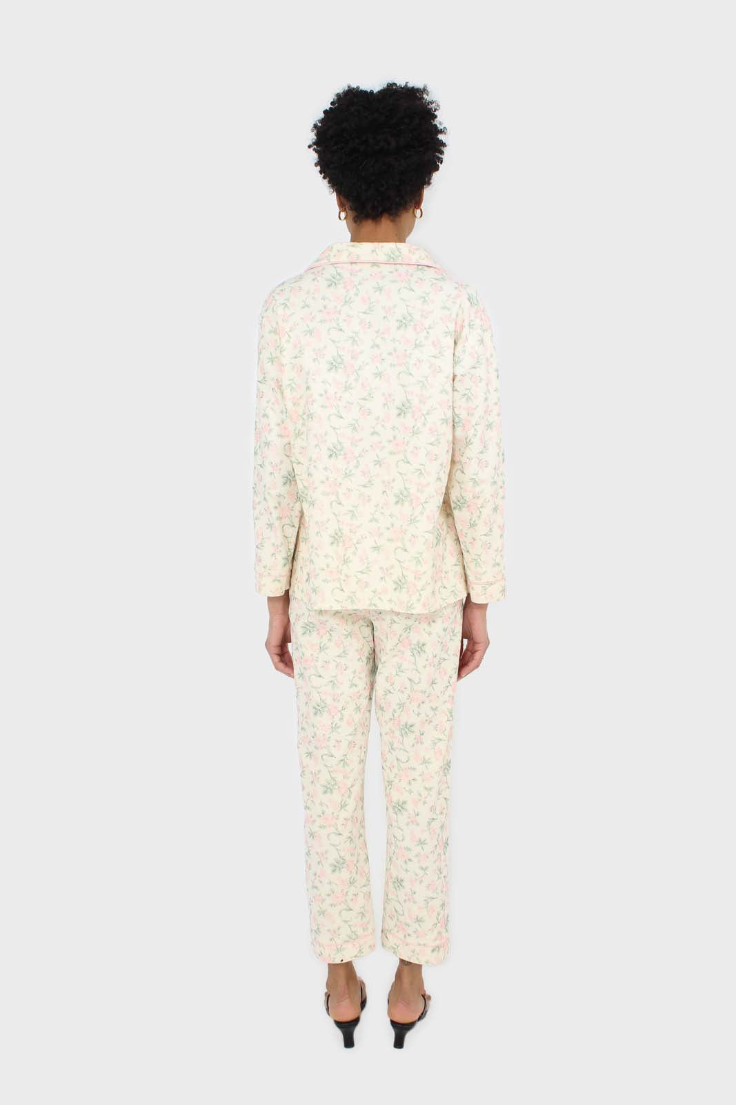 Ivory and pink floral pajama top and trousers set