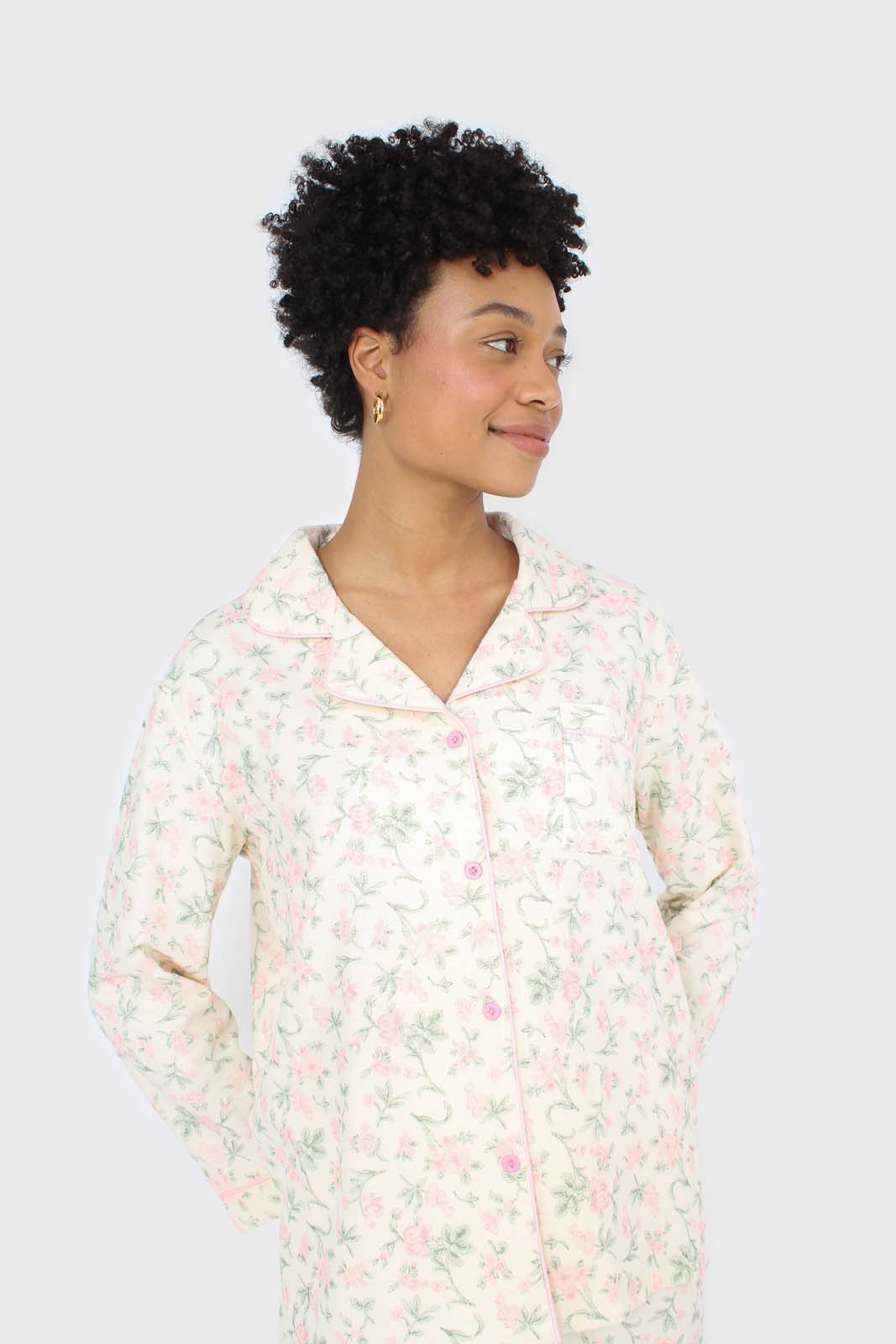 Ivory and pink floral pajama top and trousers set