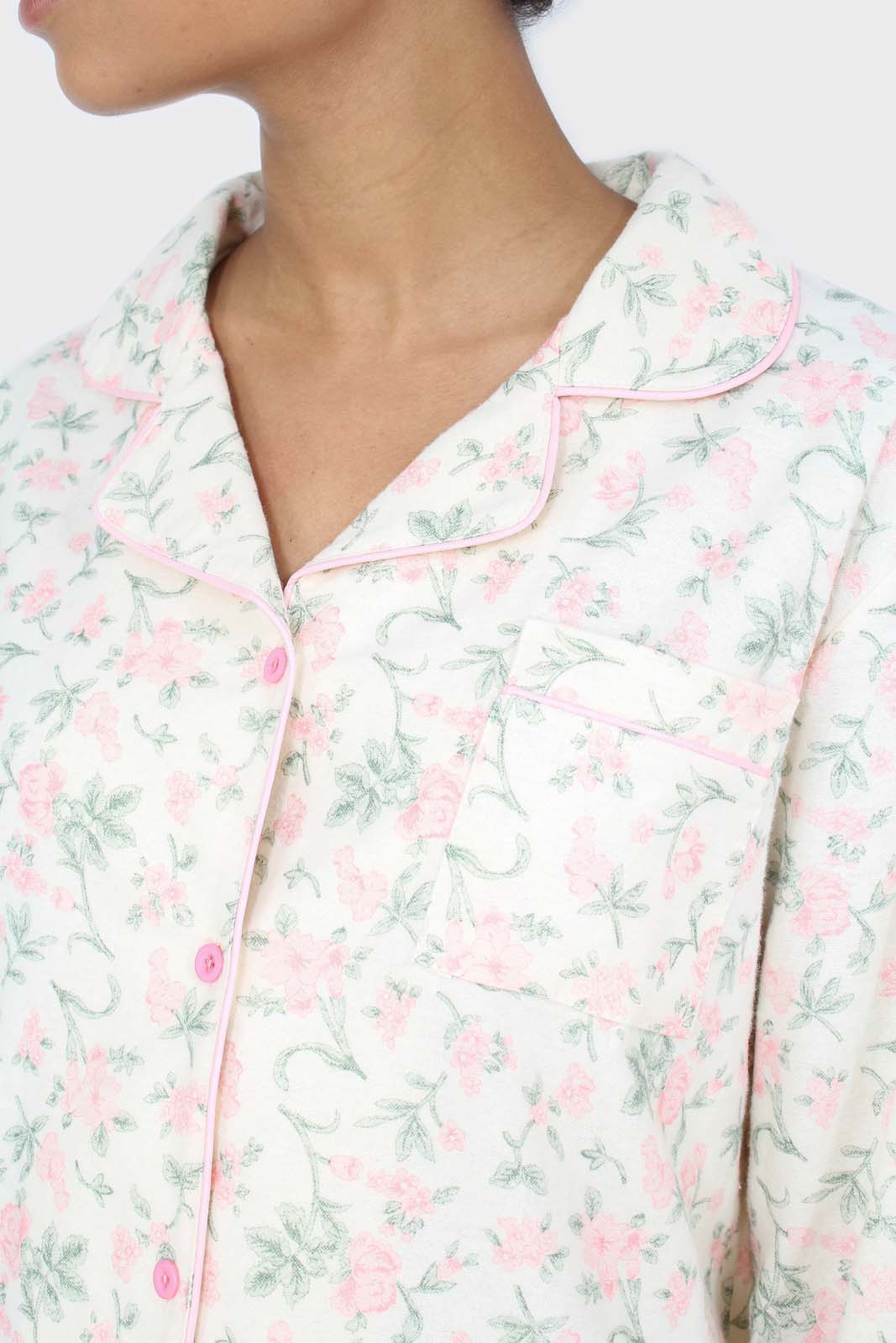 Ivory and pink floral pajama top and trousers set