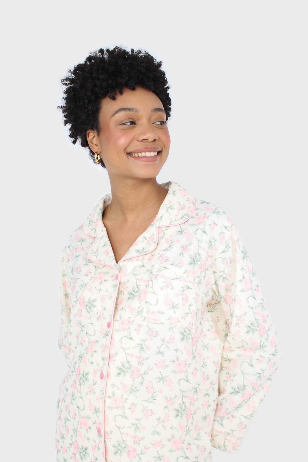 Ivory and pink floral pajama top and trousers set