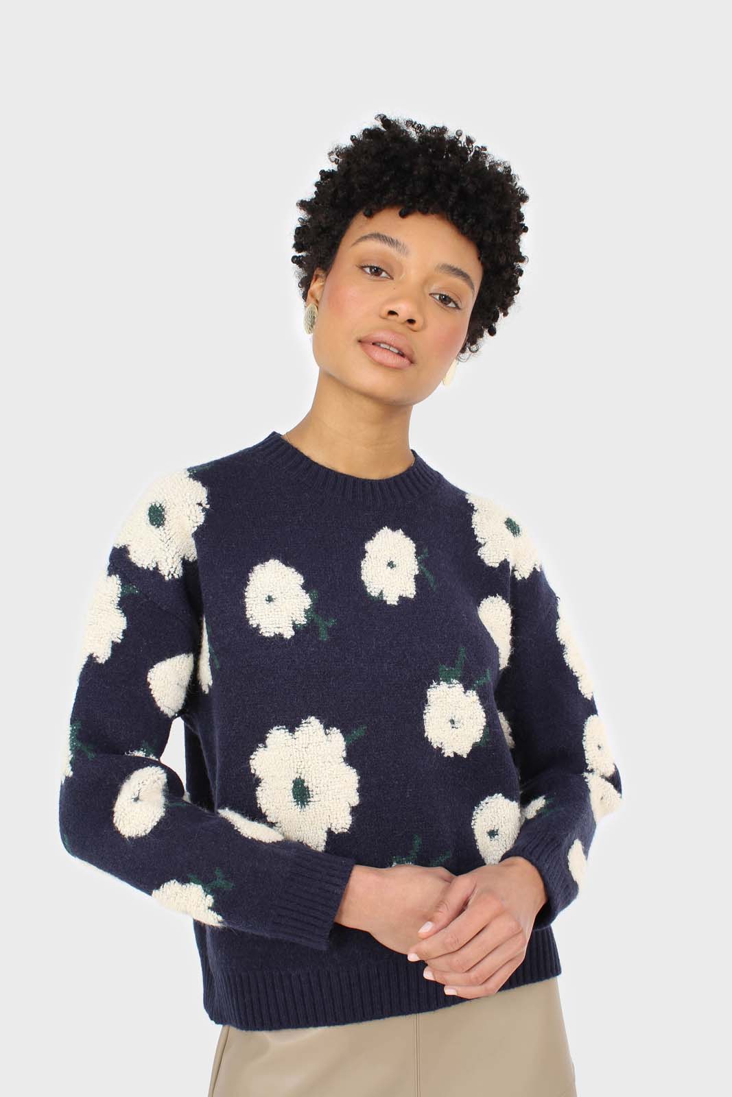 Navy and white floral crew neck jumper