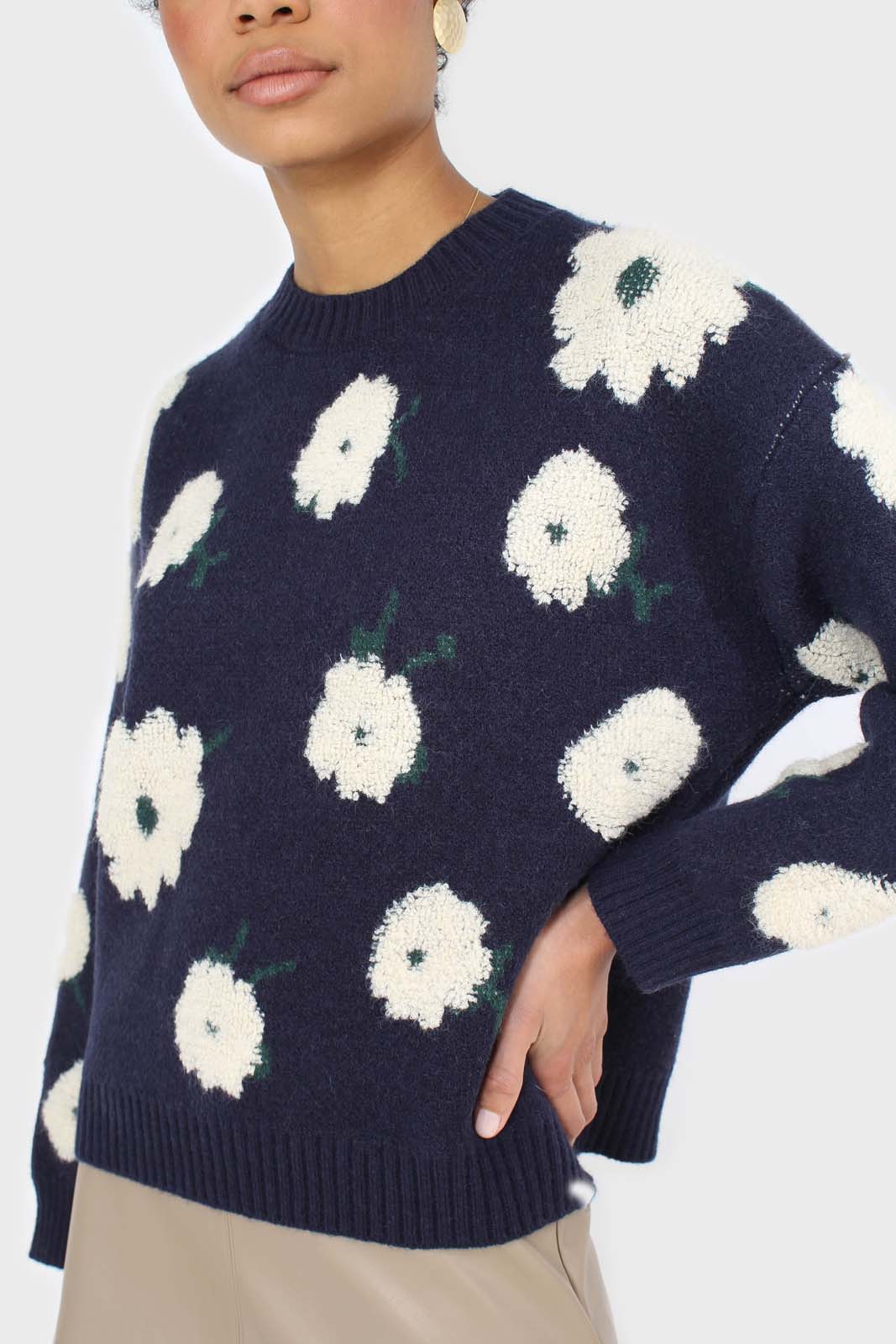 Navy and white floral crew neck jumper