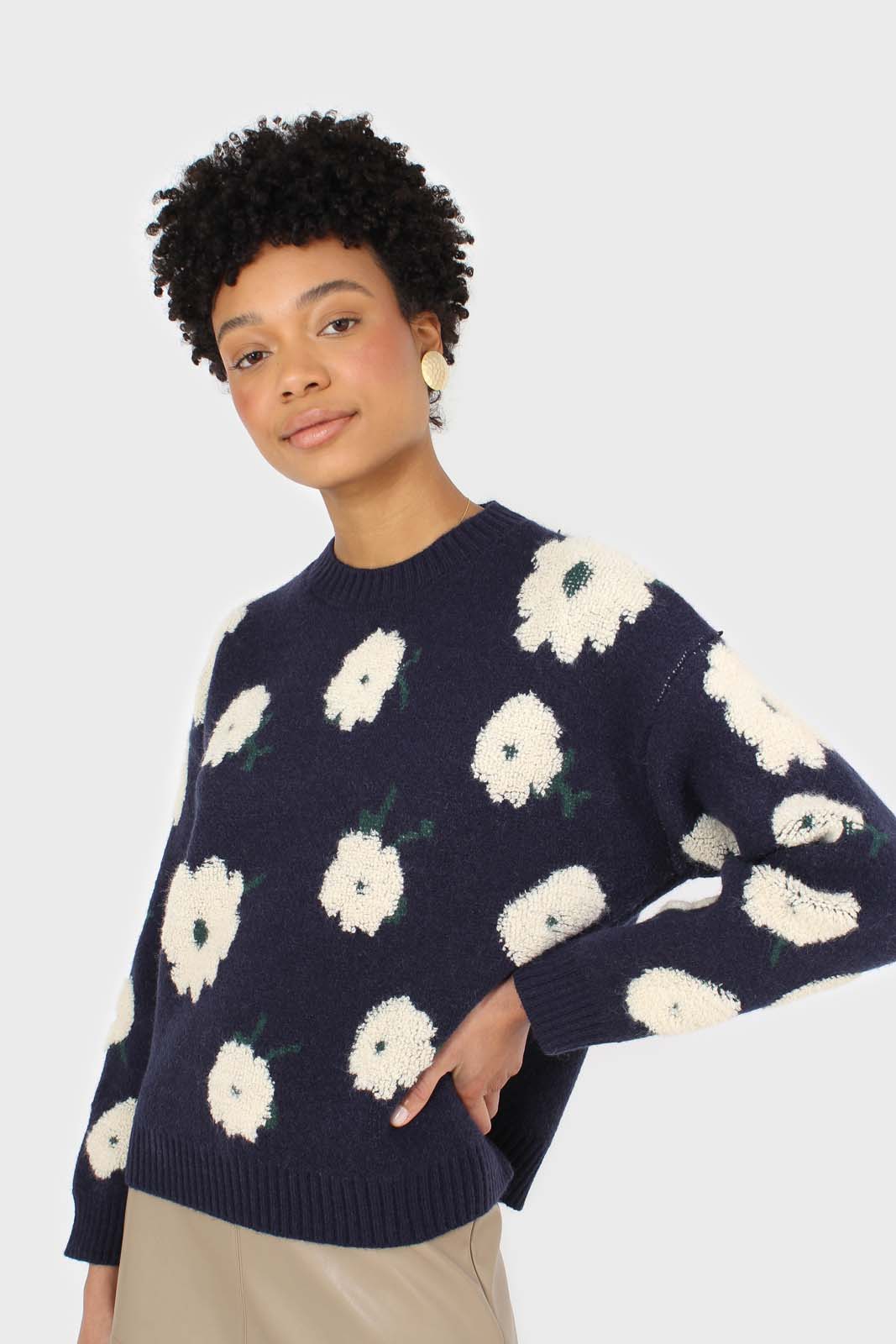 Navy and white floral crew neck jumper