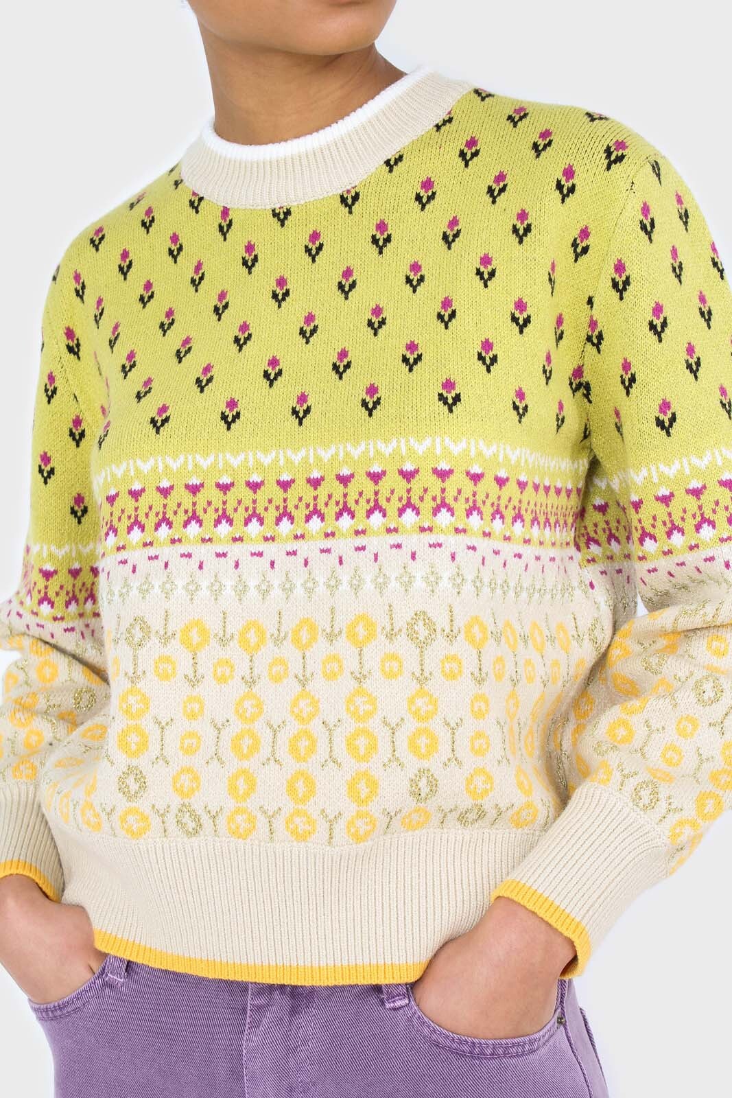 Yellow floral contrast colourblock jumper