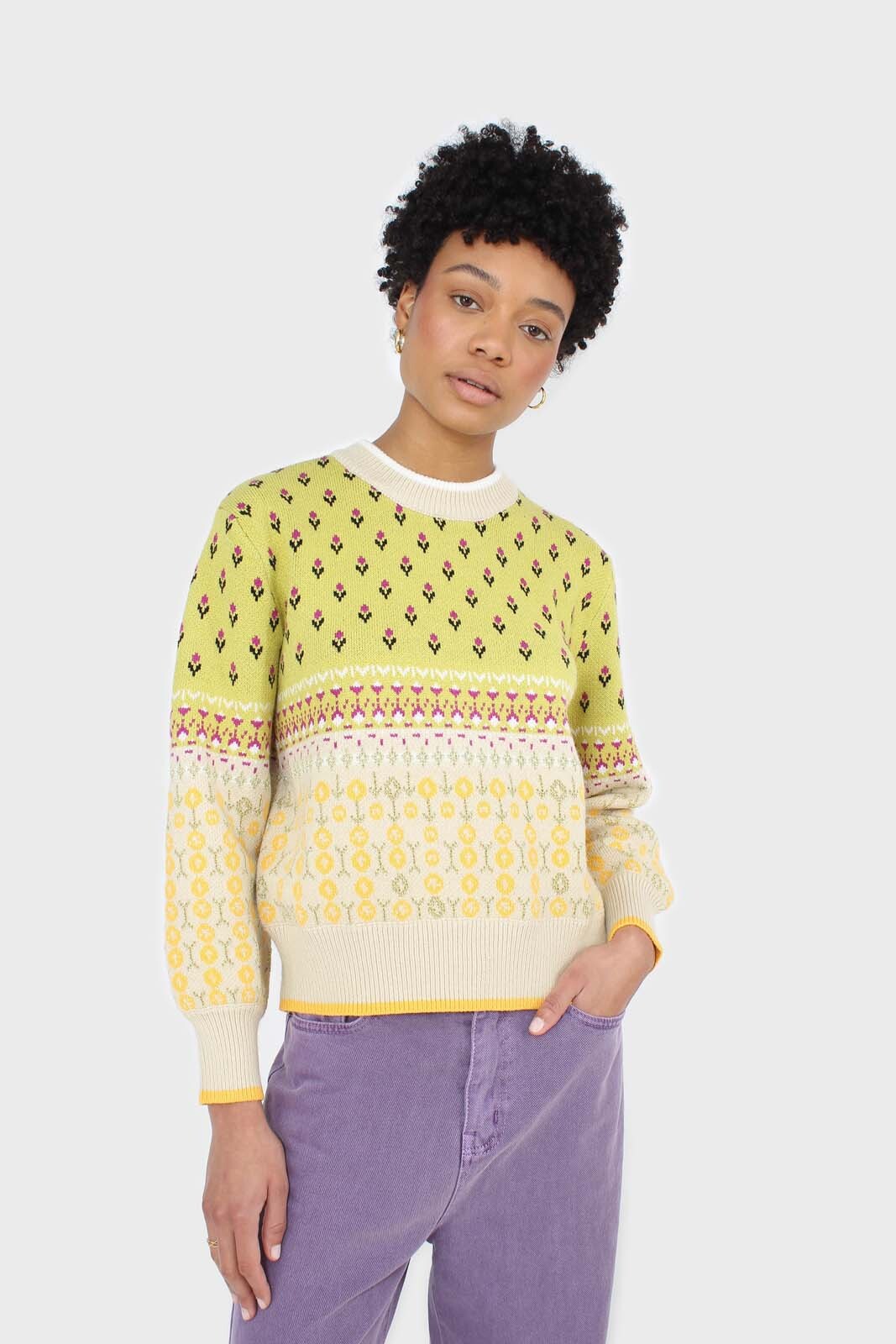 Yellow floral contrast colourblock jumper