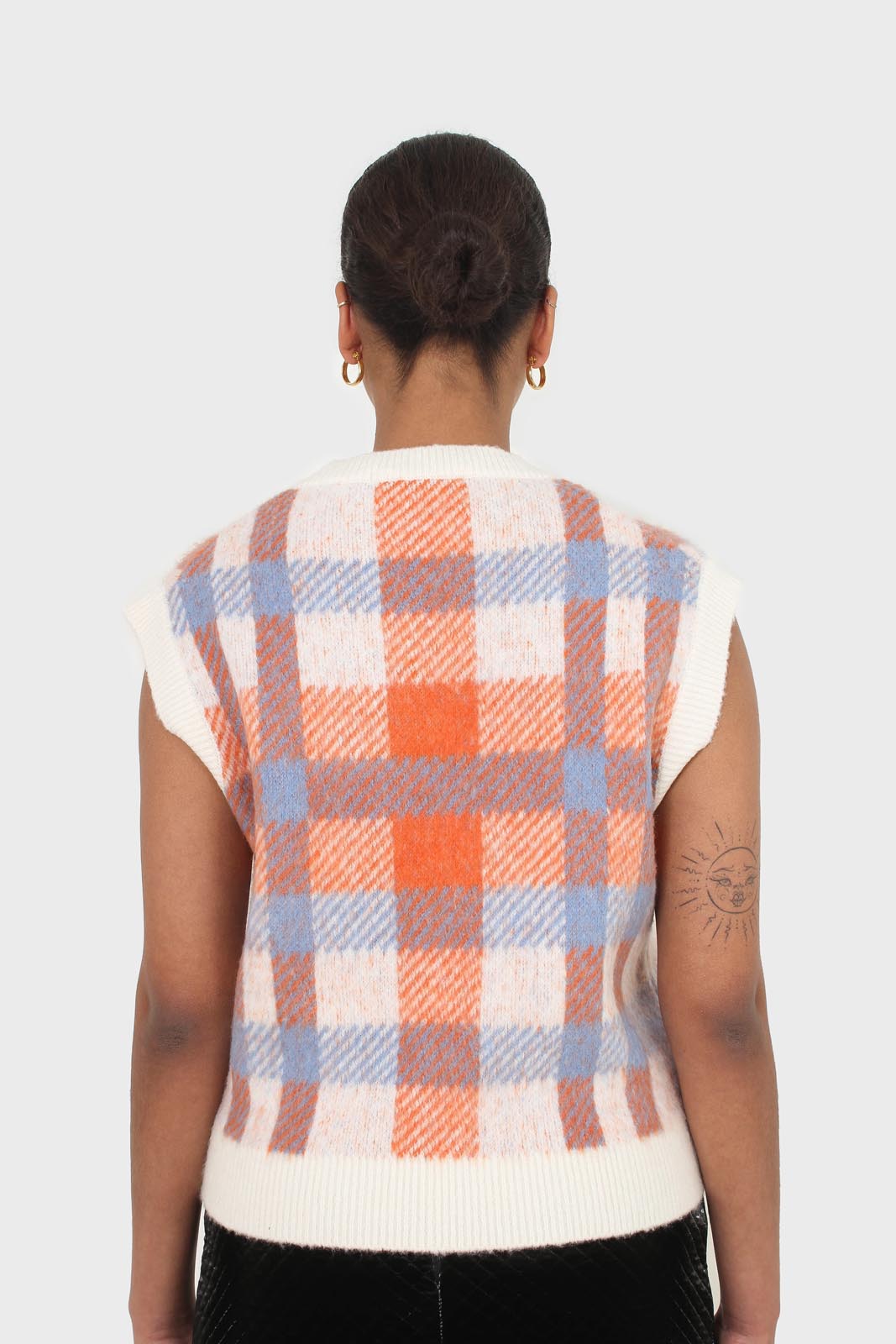 Ivory blue and orange brushed plaid sweater vest