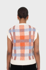 Ivory blue and orange brushed plaid sweater vest