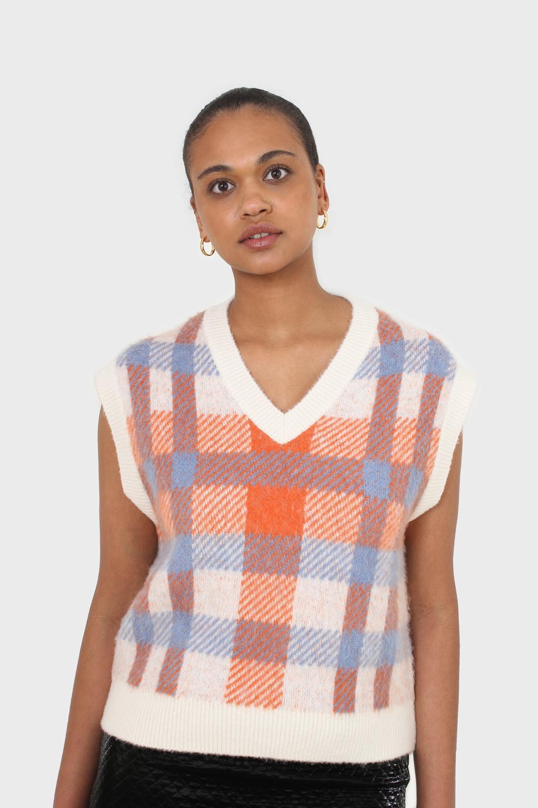 Ivory blue and orange brushed plaid sweater vest