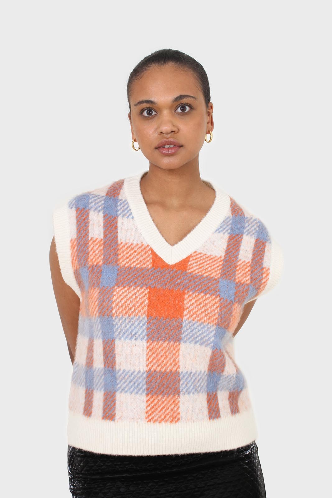 Ivory blue and orange brushed plaid sweater vest